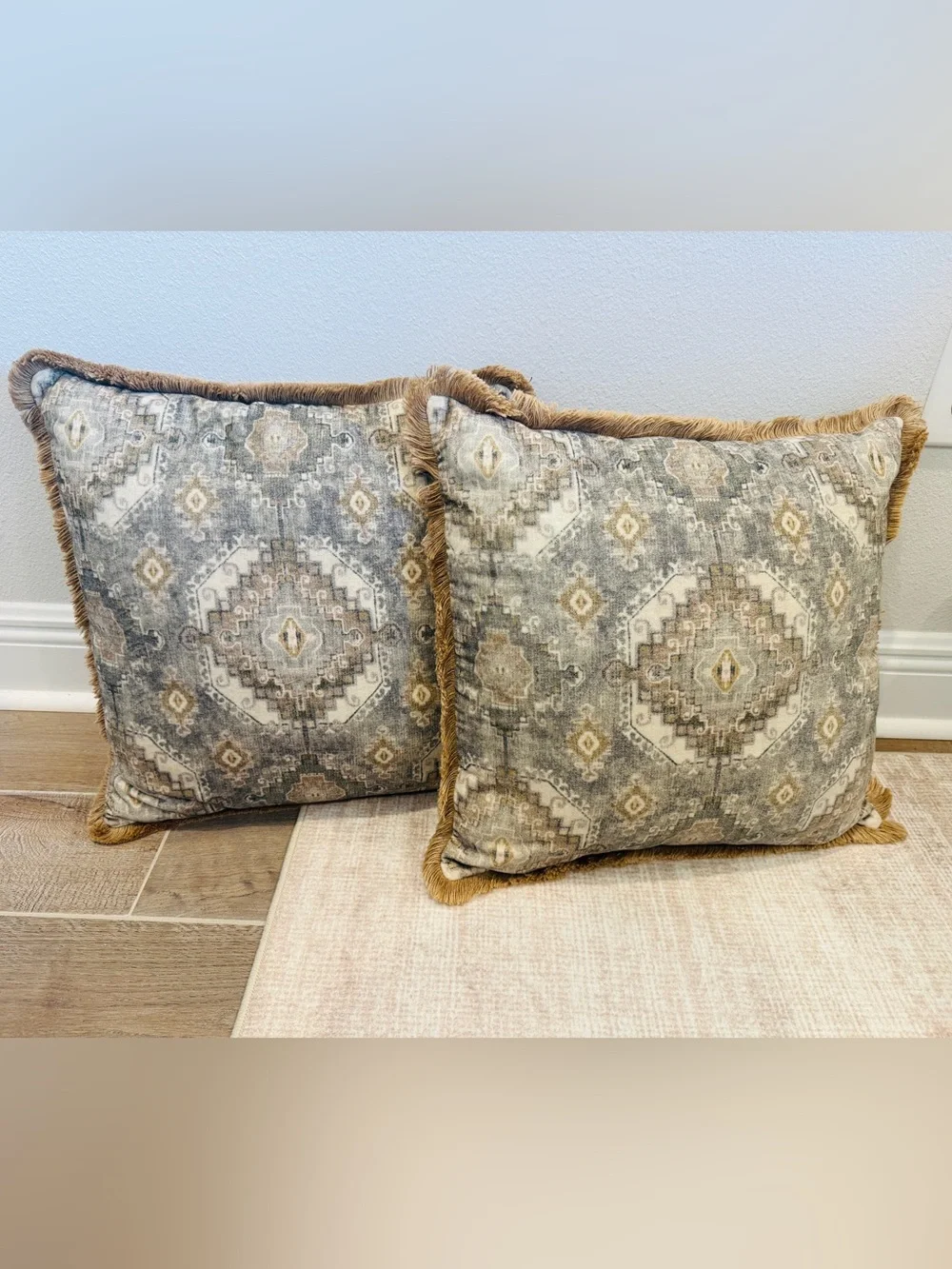 Fringed Geometric Decorative Throw Pillow in Beige and Gray - 18x18